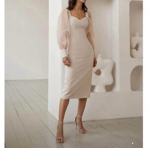 Lichi NWT Sheer Puff Sleeve Bodycon Midi Dress in beige